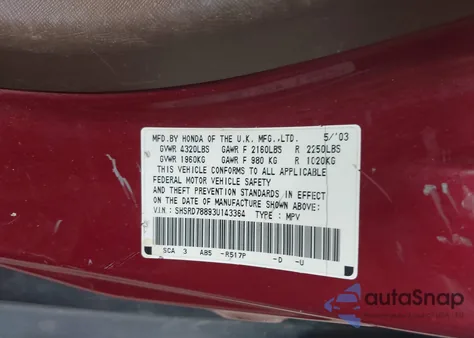 2003 Honda Cr-V Ex from USA, damaged, VIN SHSRD78893U143364